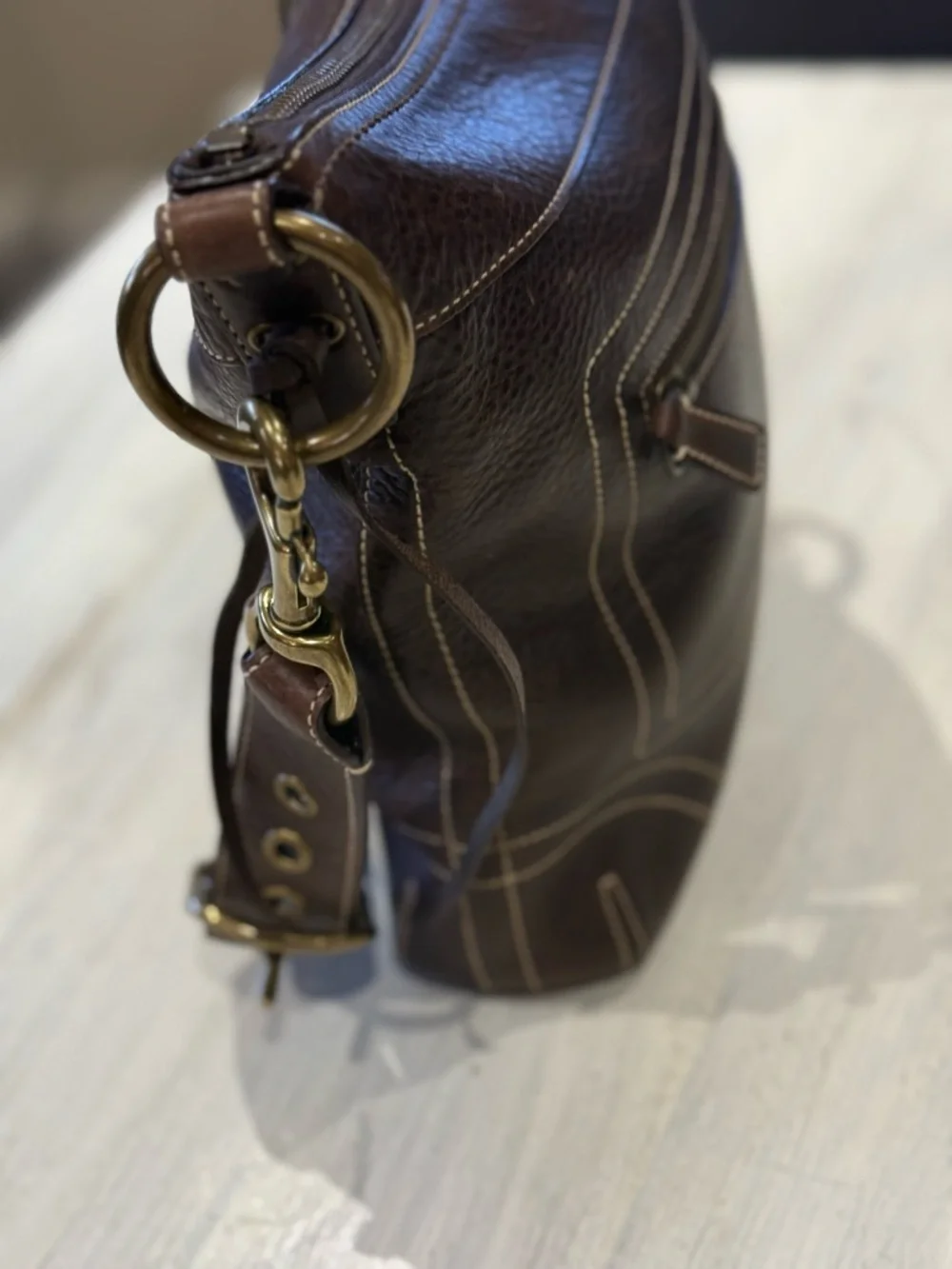 Coach Bleeker Dark Brown Pebbled Leather Messenger/Bucket Bag with Brass
